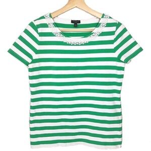 Talbots Women's Green & White Striped Tshirt with Beaded Neckline Size Small